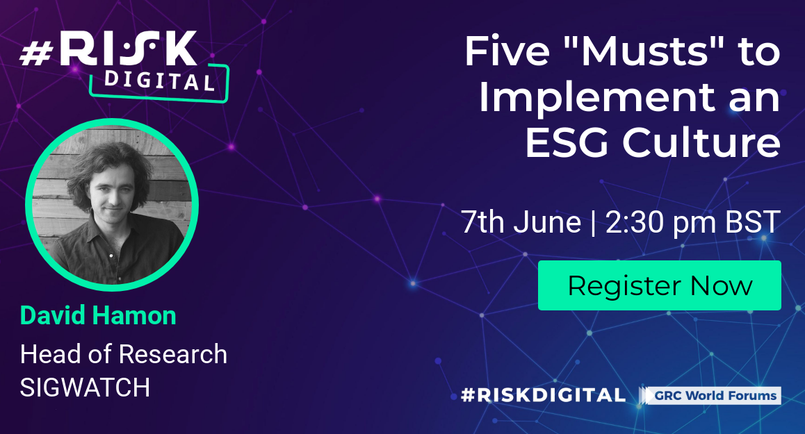 poster showing SIGWATCH head of research David Hamon speaking on ESG culture at online panel called #RISK DIGITAL on 7 June.